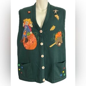 Vintage Fall Green Vest with Autumn Embroidery